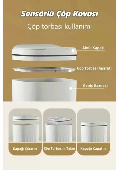 Akıllı Çöp Kovası Büyük Boy 20 Litre Uv Işık Sensörlü Sessiz Çok Renkli