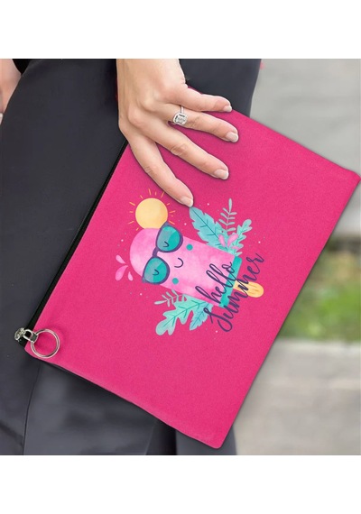 Bk Gift Yaz Temalı-5 Astarlı Fuşya Portföy Çanta 30x21cm, Baskılı El Çantası, Organizer Çanta Çok Renkli