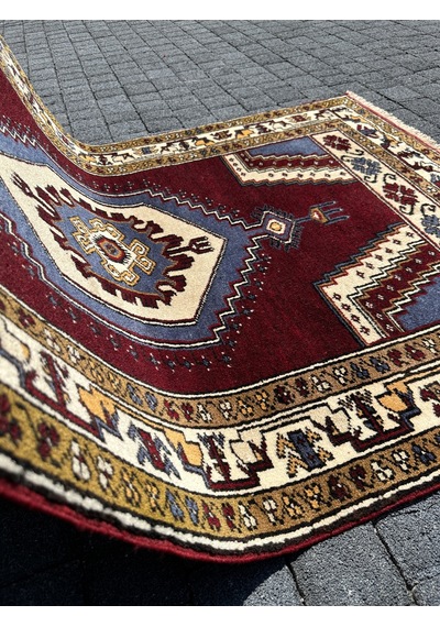El Dokuma %100 Yün Yahyalı Halısı 100x157 Bordo Mavi Kök Boya Bordo