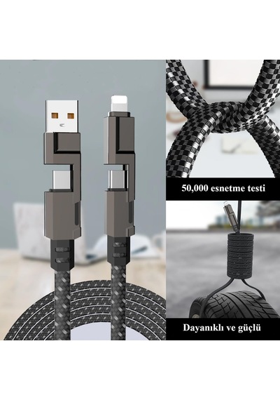 4in1 Güçlü Ve Sağlam Data Ve Şarj Kablosu - Apple Uyumlu iOS Type-c Usb Standart