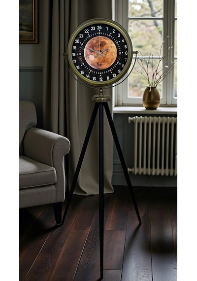 Eskitme 24 Saat Göstergeli Özel Tasarım Tripod Ayaklı Saat Çok Renkli