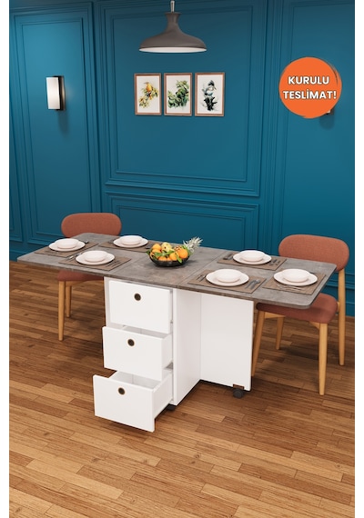 Lüks Katlanır Mutfak Yemek Masası %100 MDF Pratik Çekmeceli Çalışma Masası KM01 Lüks Katlanır Mutfak Yemek Masası %100 MDF Pratik Çekmeceli Çalışma Masası KM01