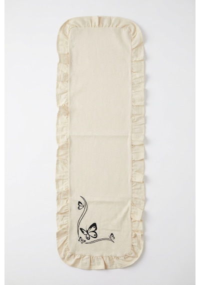 Siyah Kelebek Nakış Detaylı Fırfırlı Masa Runner 40x120 Cm Şık Dekoratif Masa Ve Konsol Örtüsü Açık Bej