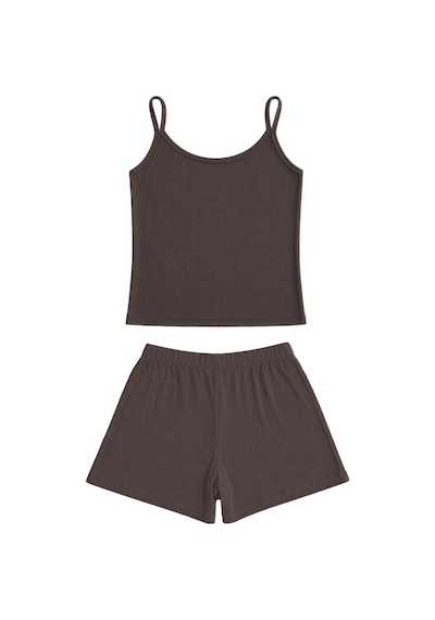 Cottonill Premium - Neat Collection Kahverengi Rib Dokulu İnce Askılı Modal Viskon Şortlu Kadın Pijama Takımı