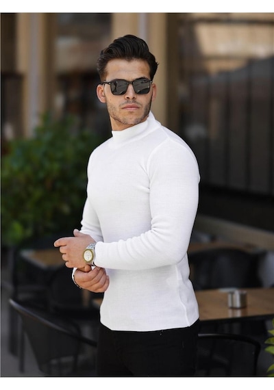 Beyaz Erkek Slim Fit Yarım Balıkçı Fitilli Triko Kazak-trz19158r03s Beyaz