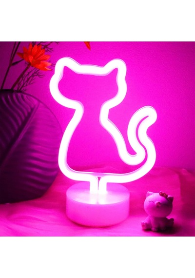 Neon Işık Kedi Neon Tabelaları Gece Lambası Sevimli Pembe Kedi Odası Dekor Tutucu Taban Masa Neon Işık Çocuk Oda Çok Renkli