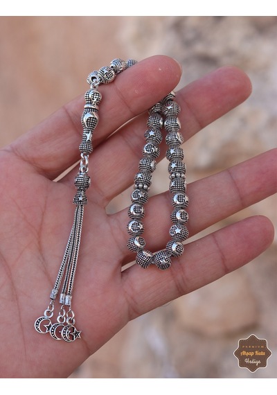 Ay Yıldız İşlemeli Küre Kesim 925 Ayar Gümüş Oksitli Midyat Telkari El İşçiliği Tesbih 201025864
