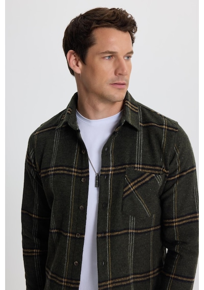 Tudors Erkek Slim Fit Dar Kesim Kareli Cepli Haki Oduncu Gömlek-41792 Çok Renkli