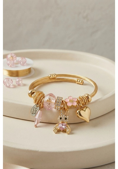 Tavşan Model Gold Renk Pembe Charmlı Bileklik 6446404