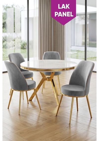 Natre Serisi 90x90 Lak Panel Beyaz Mermer Desen Gold Ayaklı Mutfak Masası Takımı Ve 4 Sandalye Beyaz Mermer Masa Gri Sandalye Natre Serisi 90x90 Lak Panel Beyaz Mermer Desen Gold Ayaklı Mutfak Masası Takımı Ve 4 Sandalye Beyaz Mermer Masa Gri Sandalye