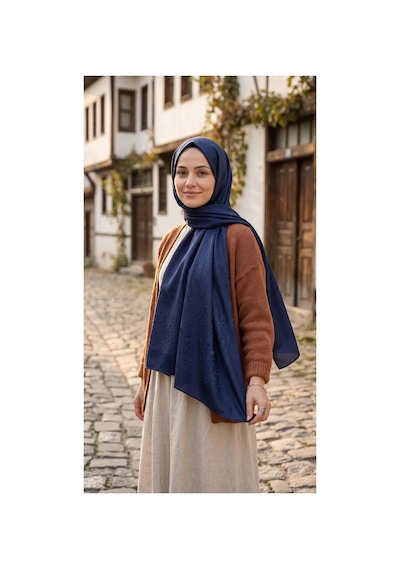 Nukra Jakarlı Pamuk Tesettür Şal Otantik Desen Lacivert 70 X 190 Cm
