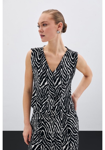 Sateen Zebra Desen Kısa Yelek - Siyah-135501 Siyah