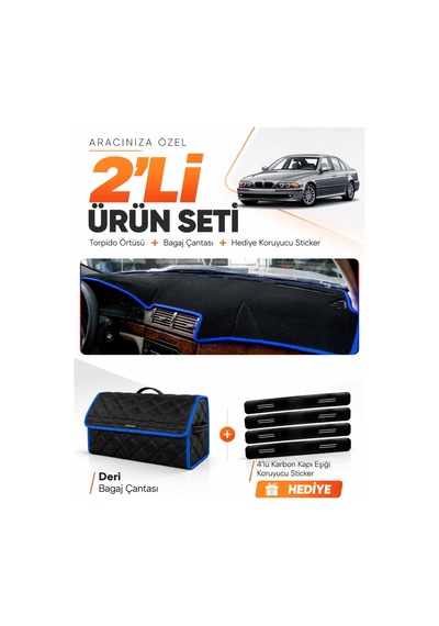 E-biz Bmw E39 1995-2003 Uyumlu Torpido Örtüsü + Deri Bagaj Çantası Seti - Siyah-mavi - Bm009