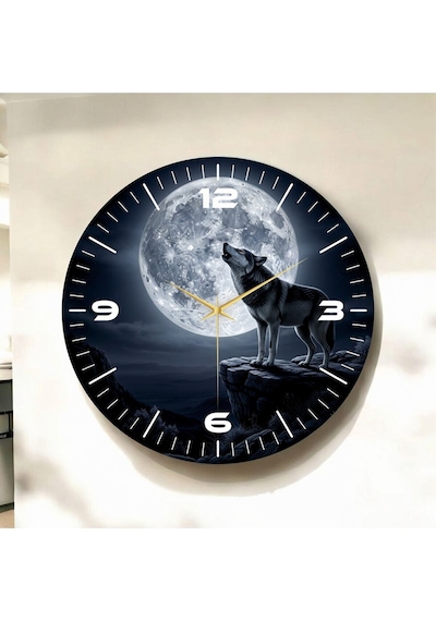 AA Shop Renkli Baskı Bozkurt Ve Ay Desenli Sayılı Hediyelik Ahşap Sessiz Duvar Saati 50cm ÇOk Renkli