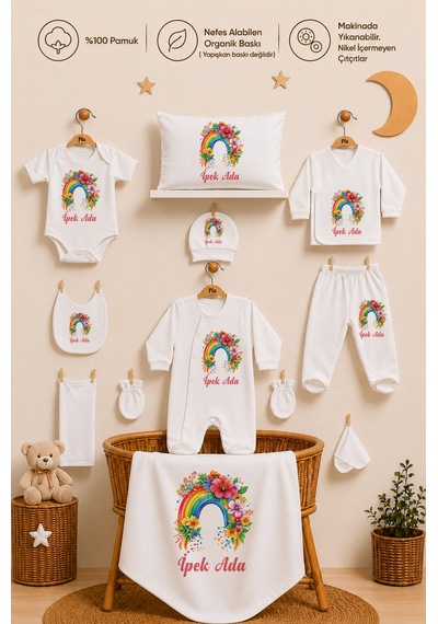 Pia Baby 11 Parça İsme Özel Kız Bebek Hastane Çıkışı %100 Pamuk Organik Baskılı 1005113x Ekru