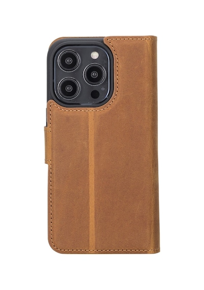 Plm Apple İphone 14 Pro Uyumlu Deri Cüzdanlı Kılıf Mwwn G19 Taba Acı Kahverengi