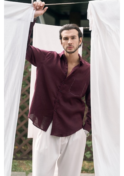 Mai Collection Mai Studios Co. Ombretta Bordo Keten Oversize Erkek Gömlek Bordo