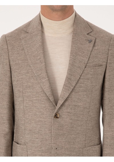 Cacharel Bej Slim Fit Yün Kaşmir Karışımlı Mikro Desenli Ceket