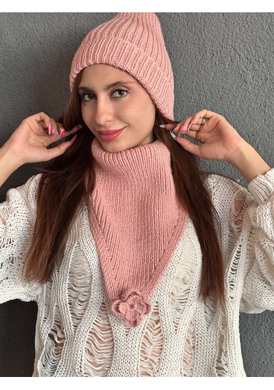 Gönülden Tasarım El Örgüsü Yumuşak Kadın Bere Boyunluk Set Pembe Açık