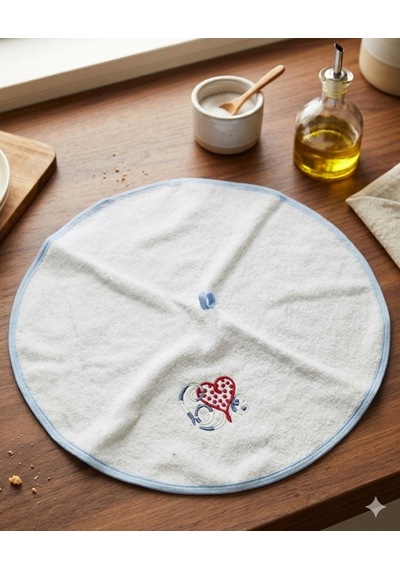 Pamuk Yuvarlak Mutfak Havlusu 50 Cm 2 Li Set Yüksek Emicilik, Askı Halkalı, Nakışlı Tasarım, Makinede Yıkanabilir Kurulama Bezi Beyaz