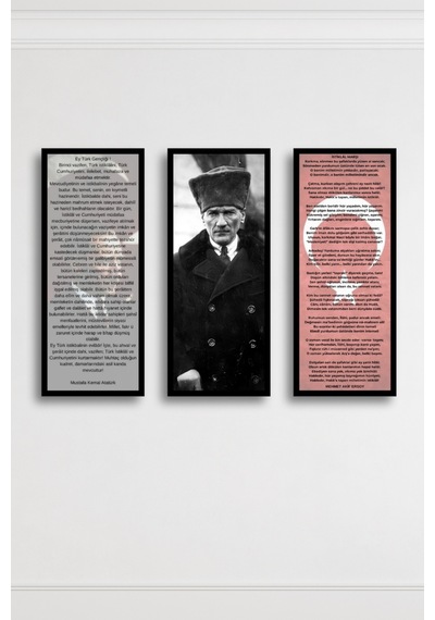 Çerçeveli Atatürk Tablosu 3 Lü Set Gençliğe Hitabe, Atatürk Portresi Ve İstiklal Marşı