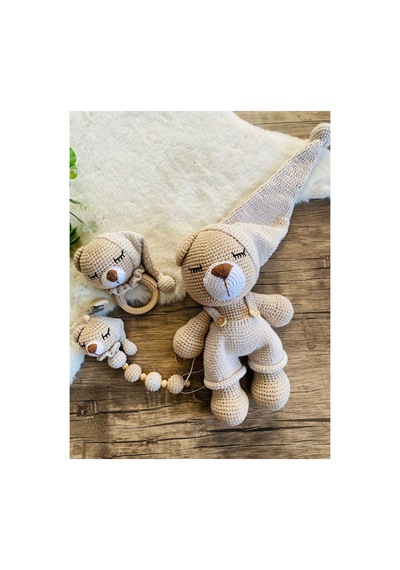 Adenya Sepeti Sepeti Masal Ayıcık Set Bej Renk Örgü Amigurumi Oyuncak + Diş Kaşıyıcı + Emzik Askısı
