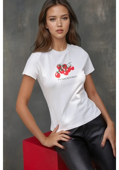Hiccup Kadın Bisiklet Yaka Kısa Kollu Önü Baskılı Pamuklu T-shirt Kırmızı