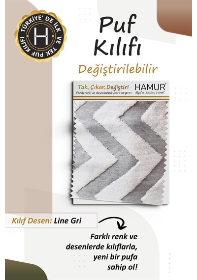 Yıkanabilir Puf Tabure Kılıfı Tak-Çıkar-Değiştir-Yenile Orta Sehpa Kılıfı By Line Gri