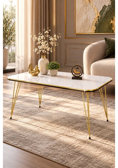 Odera Çift Beyaz Orta Sehpa Ve Zigon Sehpa 4'lü Set Metal Tel Ayaklı Modern Retro Salon Sehpası Diğer