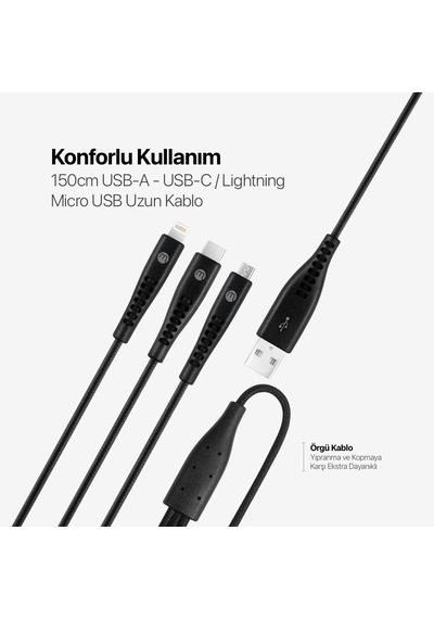 By Ttec Trio Şarj Kablosu Usb-a - Usb-c/lightning İle Uyumlu/micro Usb 150cm - Siyah 2 Yıl Ttec Garantilidir