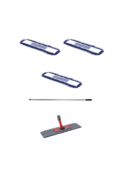 Orlon Mavi Statik Toz Mop Takımı Seti - 80 CM - 3 Adet Mop + Mop Tutucu + Sap - 1 Takım