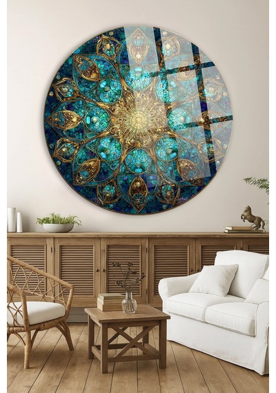 Turkuaz Zümrüt Mozaik Mandala Altın İşlemeli Cam Tablo Modern Sanat Tablosu Uv Baskılı Canlı Renkler Kafe Ve Ofis İçin Anlamlı Hediye Seçeneği
