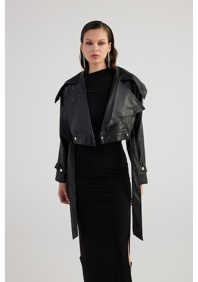 Holly Lolly Crop Model Astarlı Kemerli Neeko Deri Ceket Siyah