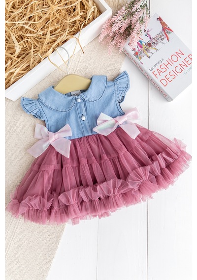Babymod Fiyonklu Bebe Yakatüllü Şık Dogum Günü Özel Gün Kız Bebek Elbise Gülkurusu