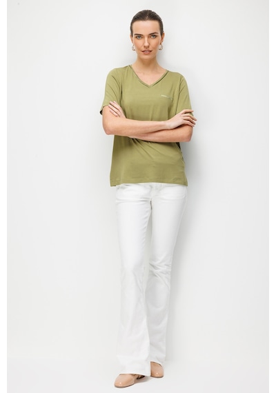Desen Triko Kadın V Yaka Cebi Saten Şeritli Penye T-shirt 26828 Yeşil Yeşil