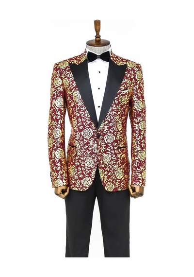 Wessi Gold Gül Desenli Slim Fit Bordo Erkek Smokin Ceket Bordo