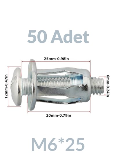 M6x25 50 Adet Sac Arkası Açılır Somun Çiçek Perçin Somunu - Kriko Ankraj Fener Tipi Genleşme Vidası M6