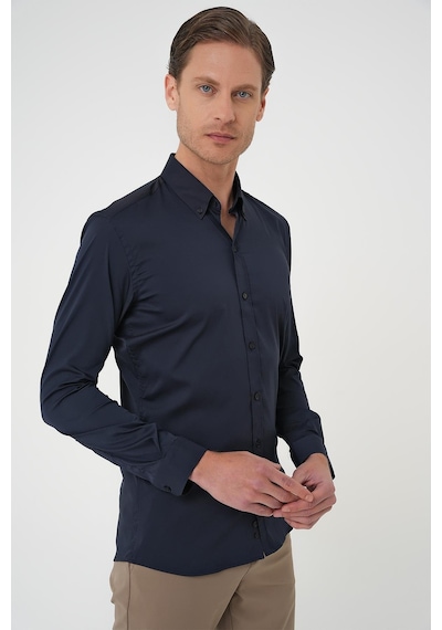Efor Slim Fit Düğmeli Yaka Esnek Pamuk Klasik Lacivert Gömlek Gk 727 Lacivert