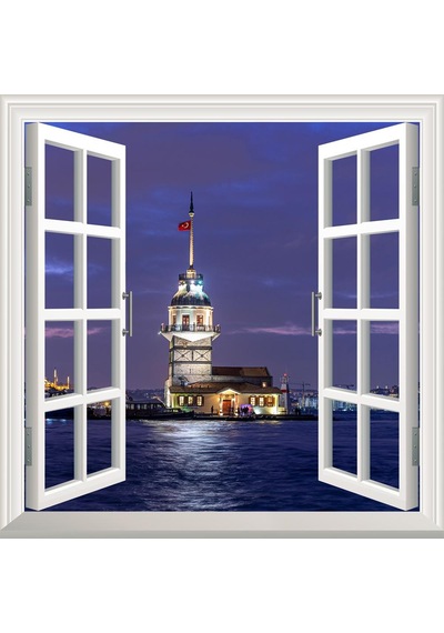 Pencere Poster Duvar Kağıdı Kız Kulesi Gece Yapışkanlı Sticker