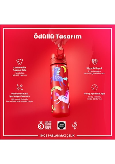 Ion8 - Paslanmaz Çelik İnce Suluk - Kırmızı Unicorn - 600 Ml - Sızdırmaz Çok Renkli