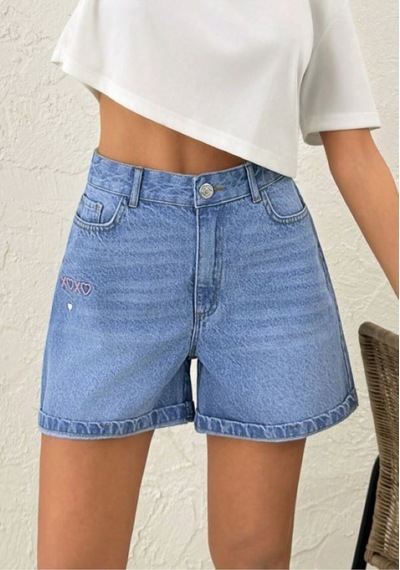 Kene Jeans Bacak Nakışlı Mavi İşlemli Kısa Kot Şort Mavi İşlemli