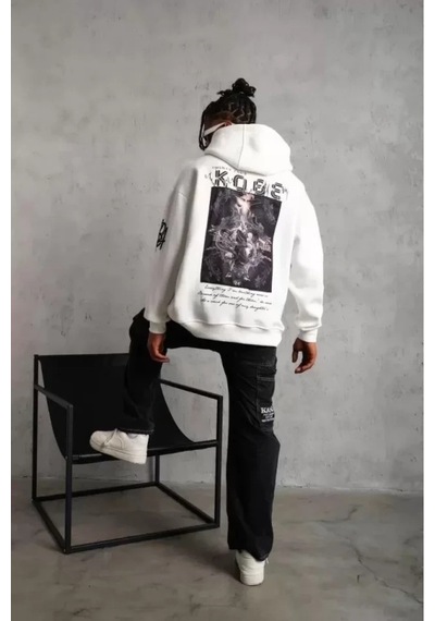 Vexor Unisex Sırt Baskılı Kapüşonlu Üç İplik Oversize Sweatshirt - Beyaz