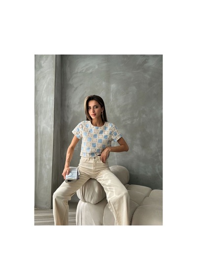 Verymoda Kısa Kollu Dama Desen Tiğişi Bluz D2619 Ham Mavi