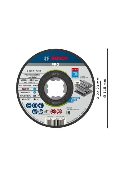 Professional 10 Adet Düz Kesme Diski Standart Inox, X-lock, Ø115 Mm, Delik Çapı: 22,23 Mm, Kal