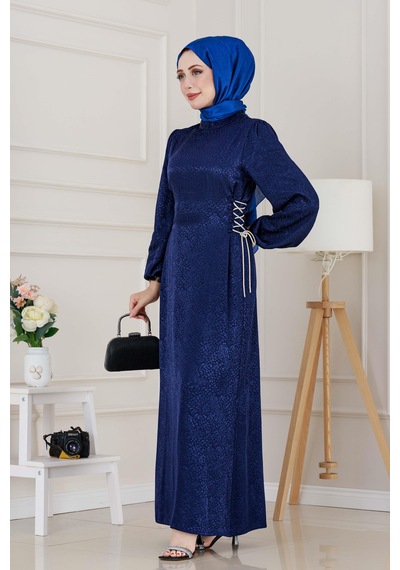 Buse Yanı Bağcıklı Saten Abiye-lacivert-4998