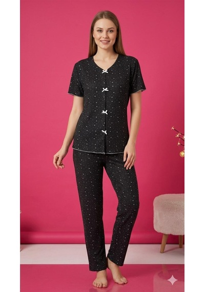Sleeproom Yazlık Siyah Beyaz Yıldız Desenli Kısa Kol Penye %100 Pamuk Pijama Takım