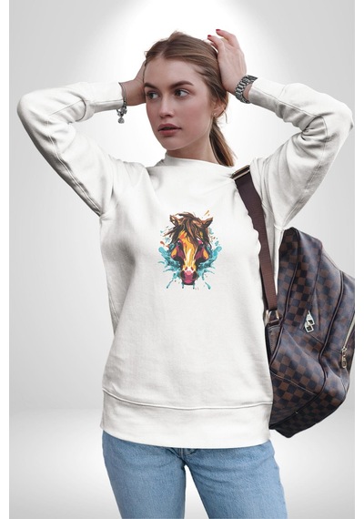 At Kafası Renkli Unisex Beyaz Baskılı Sweatshirt Beyaz