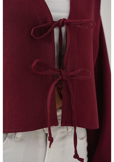Hiccup Bdart Keten Karışımlı Bağlama Detaylı Uzun Kollu Kimono Bordo - Kırmızı