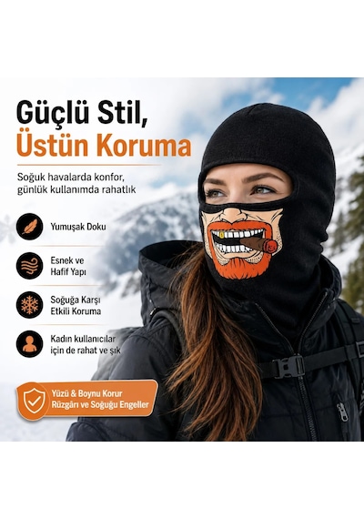 Unisex Sakallı Puro Baskılı Balaklava 1 Adet Tek Beden Viskoz Kask İçi Outdoor Maske 1 Siyah