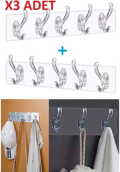 3 Adet Kendinden Yapışkanlı Güçlü Şeffaf 5'li Askılık - Kapı Arkası Mutfak Duvar Banyo Plastik Şeffa Diğer